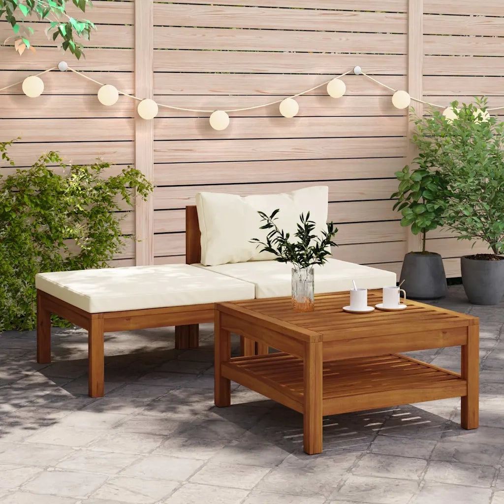 Salotto da Giardino-Set Divani Giardino 3 pz Cuscini Bianco Crema in Legno d'Acacia