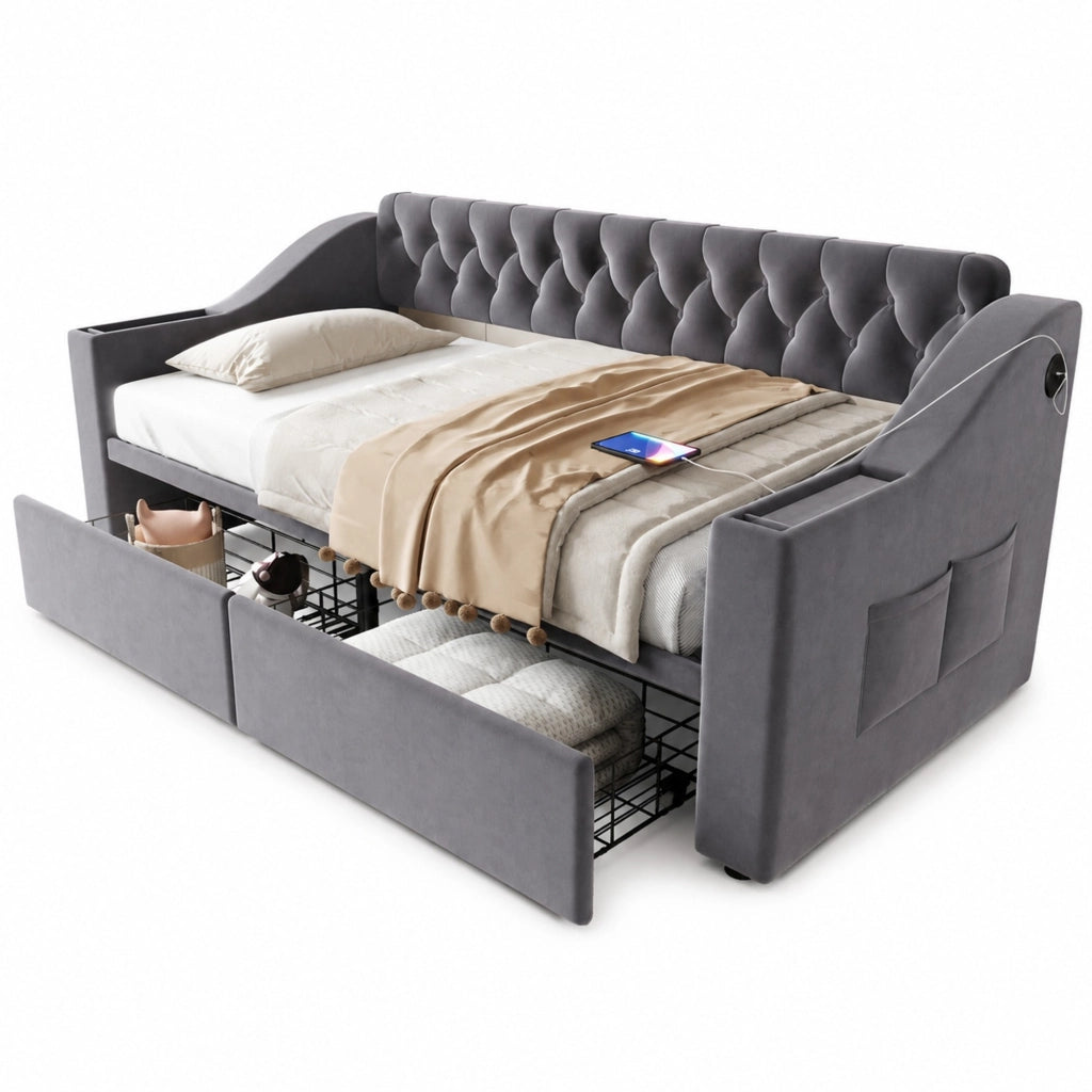 Letto imbottito 90x190 cm con divano letto, tessuto velluto, 2 cassetti contenitore, porte USB e struttura in metallo, grigio scuro