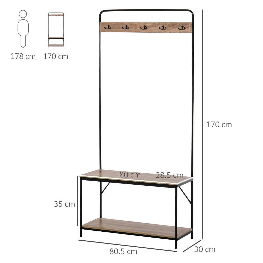EasyComfort Appendiabiti con Panca e Scarpiera in Stile Industriale, Mobile per Ingresso Vintage in Legno e Acciaio Nero