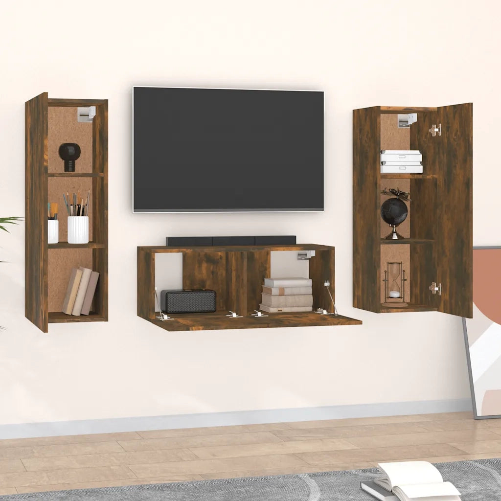 Set Mobili Porta TV 3 pz | Armadietto TV | Mobile Porta TV Rovere Fumo in Legno Multistrato