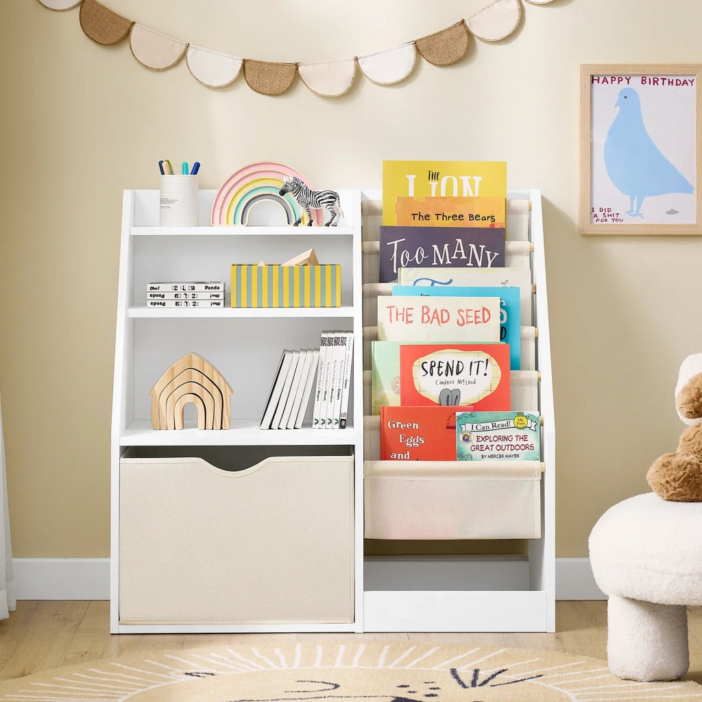 SoBuy KMB119-W Libreria Montessori per Bambini con 3 Ripiani e 1 Cesta Scaffale Portagiochi Bambini Libreria da Terra Salvaspazio e Multifunzione Bianco 80x40x80cm
