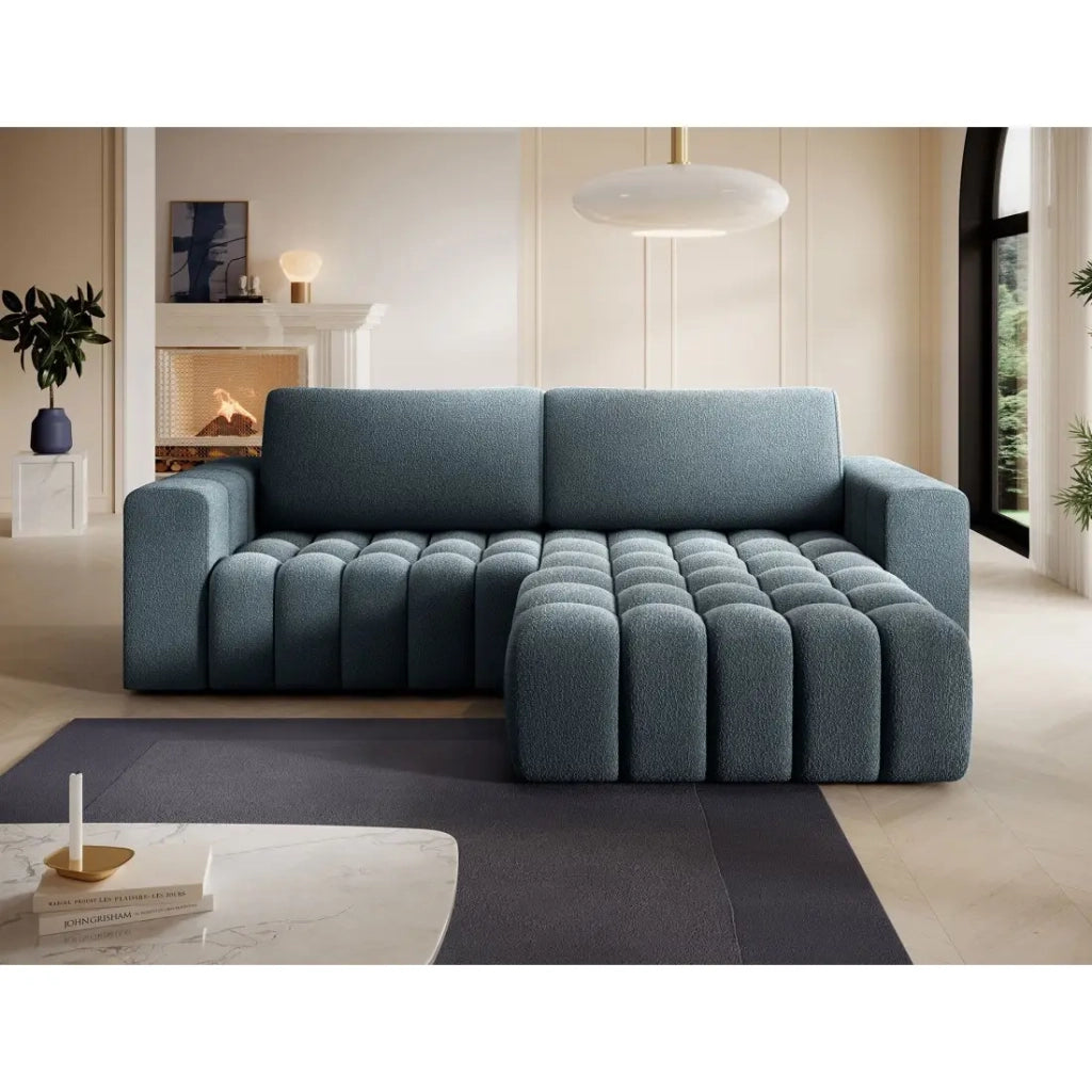Divano angolare trasformabile DORY blu notte 250 cm con contenitore angolo destro