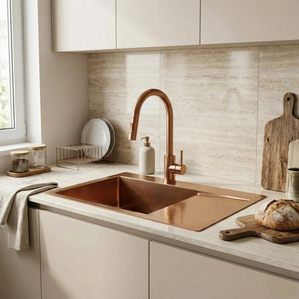 Lavello In Acciaio Fin Brush Copper con rubinetto da cucina
