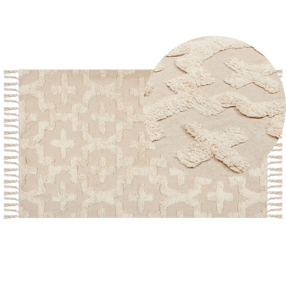Tappeto in cotone beige 80 x 150 cm motivo geometrico trapuntato minimalista soggiorno camera da letto