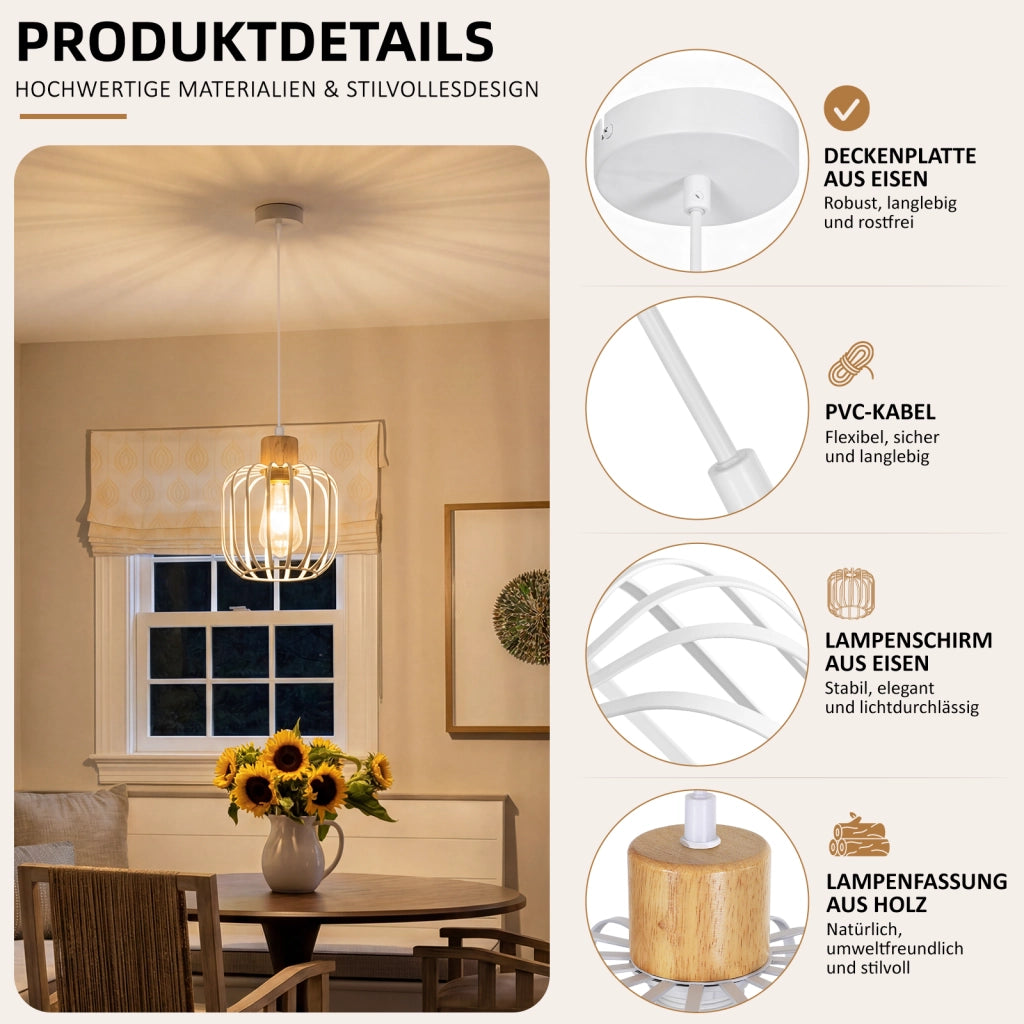 ZMH Lampada a Sospensione 1 Luce Bianco Legno E27 Moderna per Soggiorno Cucina Isola Corridoio Senza Lampadina