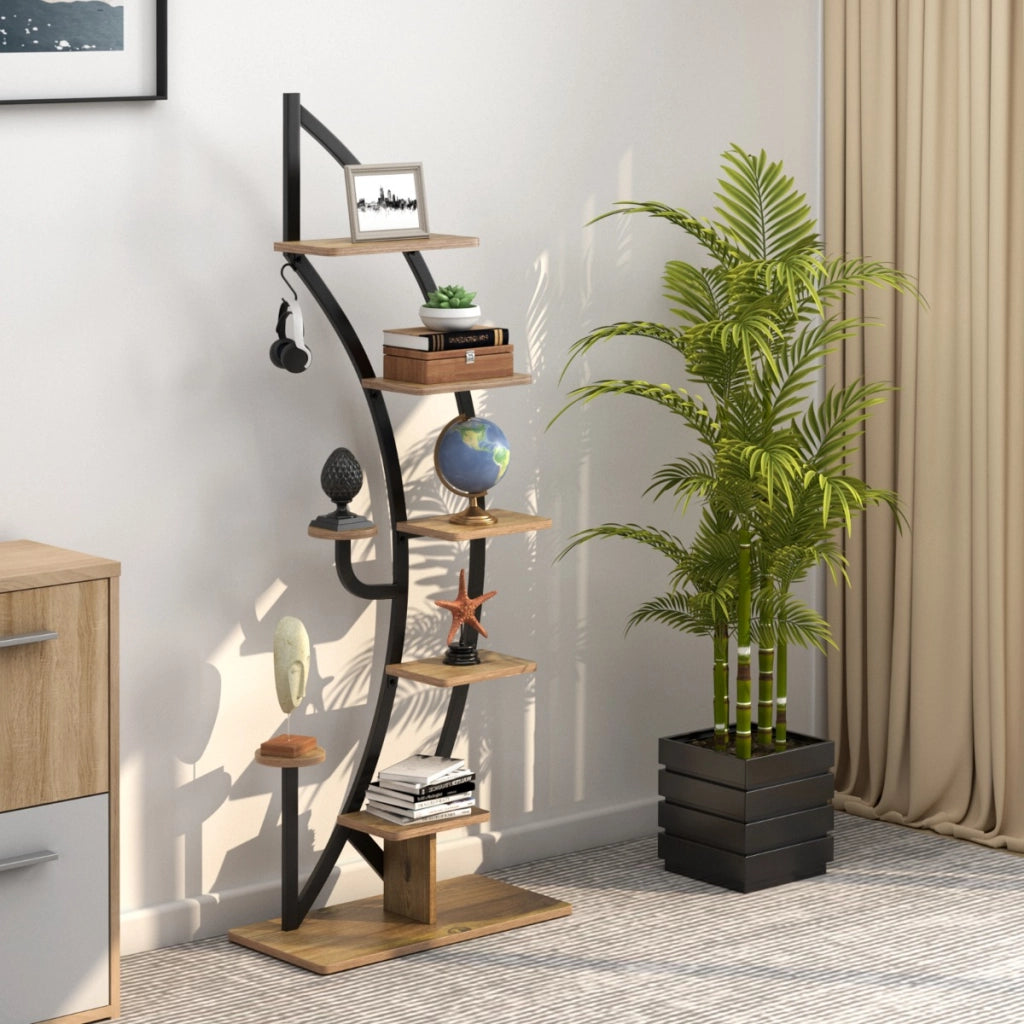 Scaffale per piante in metallo alto a 7 livelli-Scaffale a forma di mezza luna curva con gancio superiore Nero
