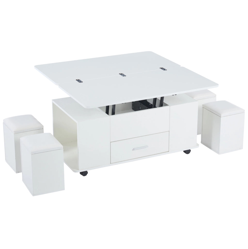 Tavolino da salotto sollevabile e allungabile con 4 sgabelli; 100x50 cm; bianco