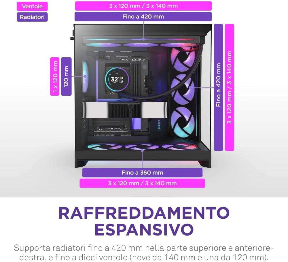 H9 Flow RGB+ (2025) – Grande Case PC ATX Mid-Tower a Doppia Camera per Flusso d'Aria – Include 7 ventole RGB (6 x 140mm, 1 x 120mm) e hub di controllo – Nero