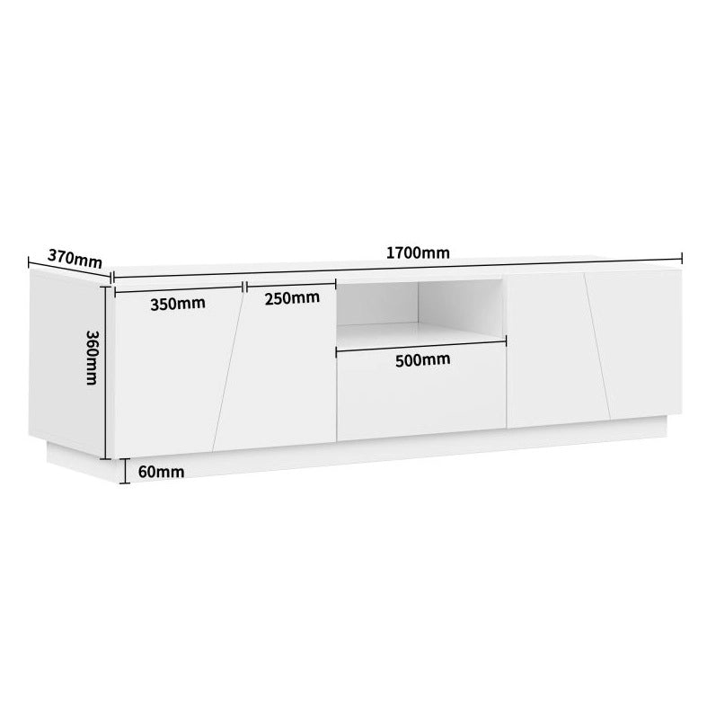 Mobile TV moderno in MDF bianco con design a patchwork diagonale, 170x42x37 cm