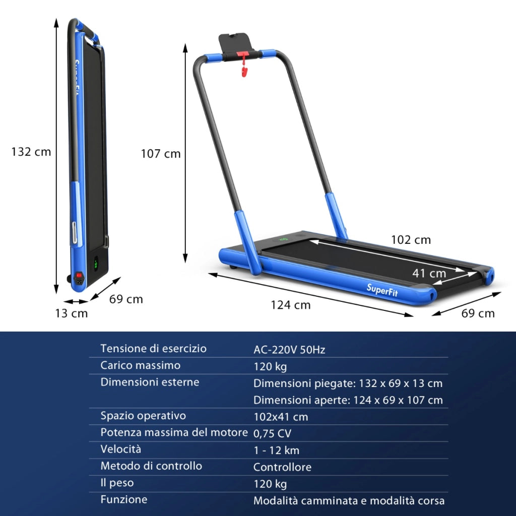 Tapis roulant pieghevole 2 in 1 con APP telecomando, Tapis roulant da 2,25HP con altoparlante display LED Blu-Tapis roulant