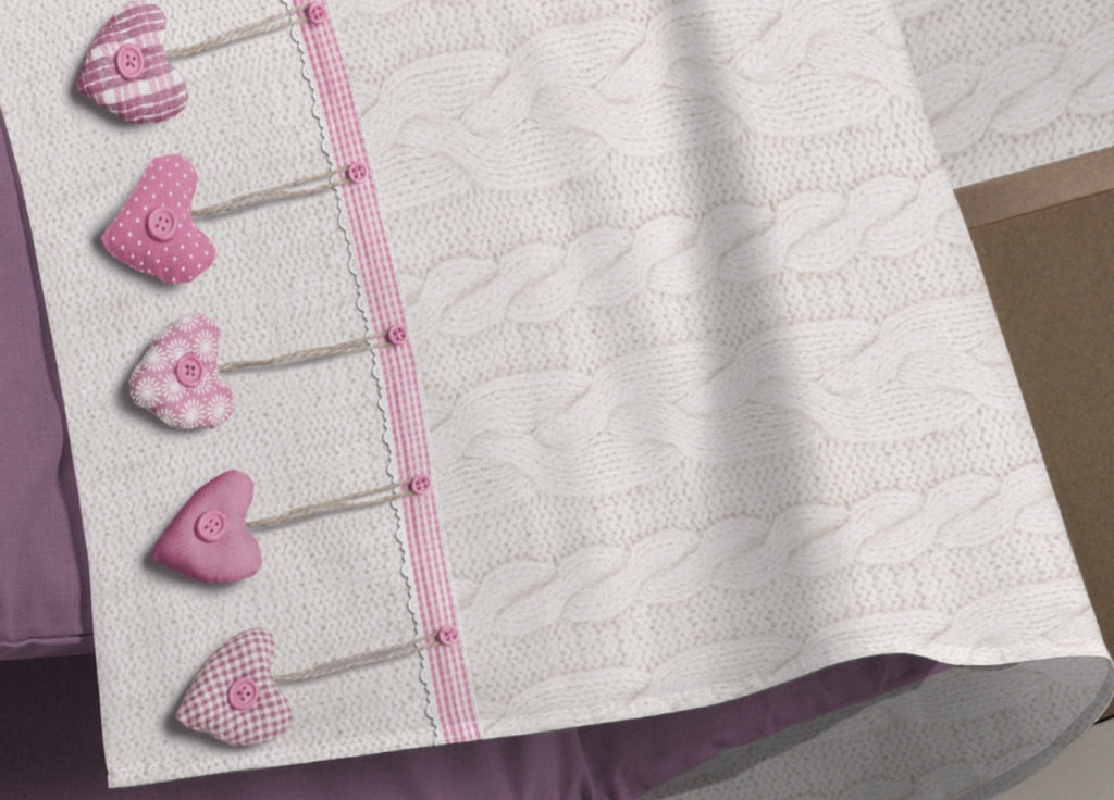 Completo Lenzuola Linea Pensieri Delicati 100% Cotone Disegno Cuore Appeso - Matrimoniale - Rosa
