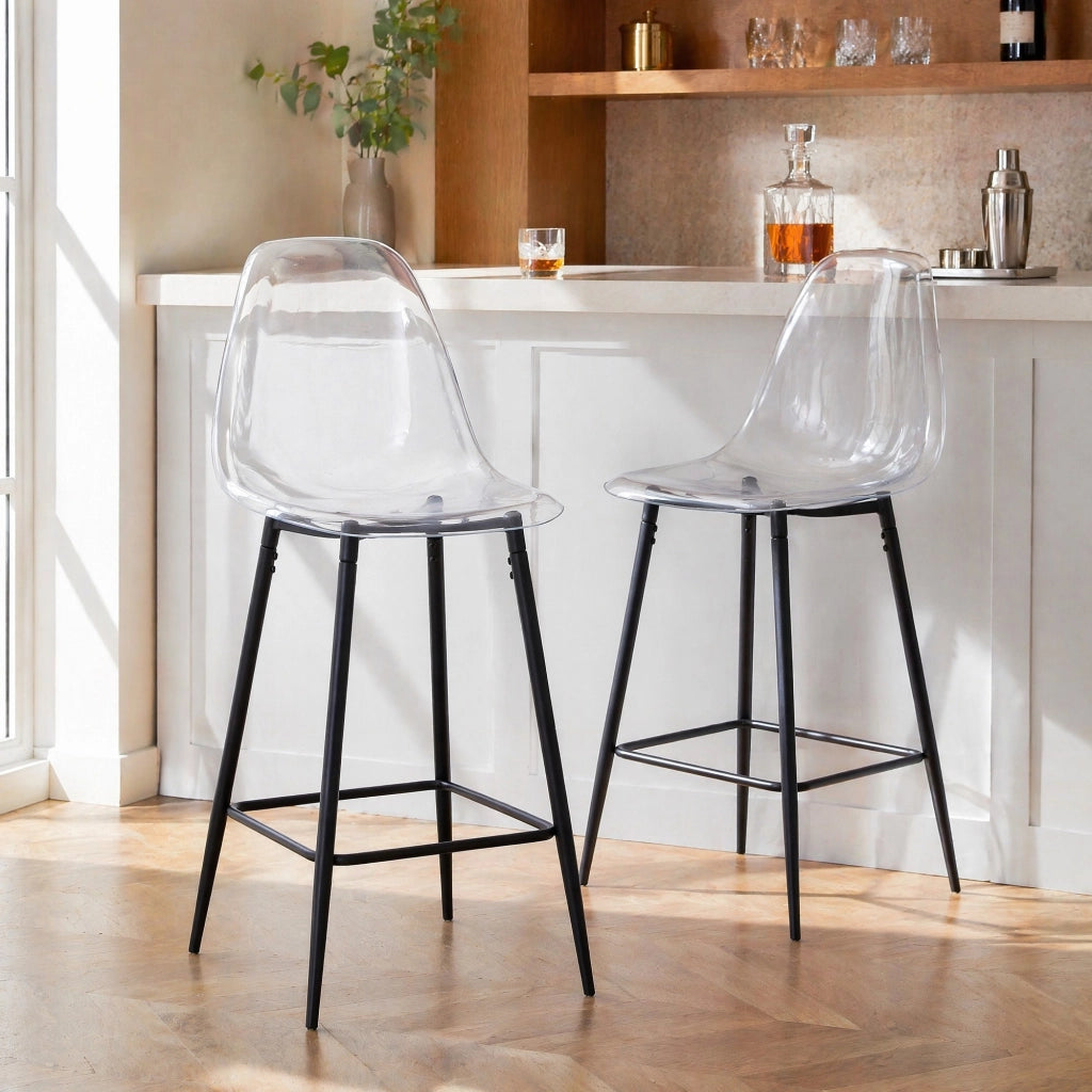 Sgabello da bar trasparente con struttura in metallo e poggiapiedi per cucina e sala da pranzo, nero