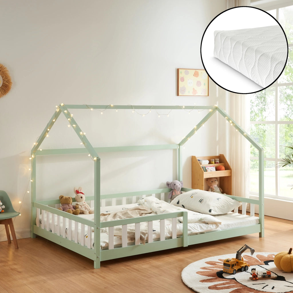 Letto Piazza e Mezza Hesel per Cameretta Forma di Casetta con Materasso 120 x 200 cm Menta Verde [en.casa]