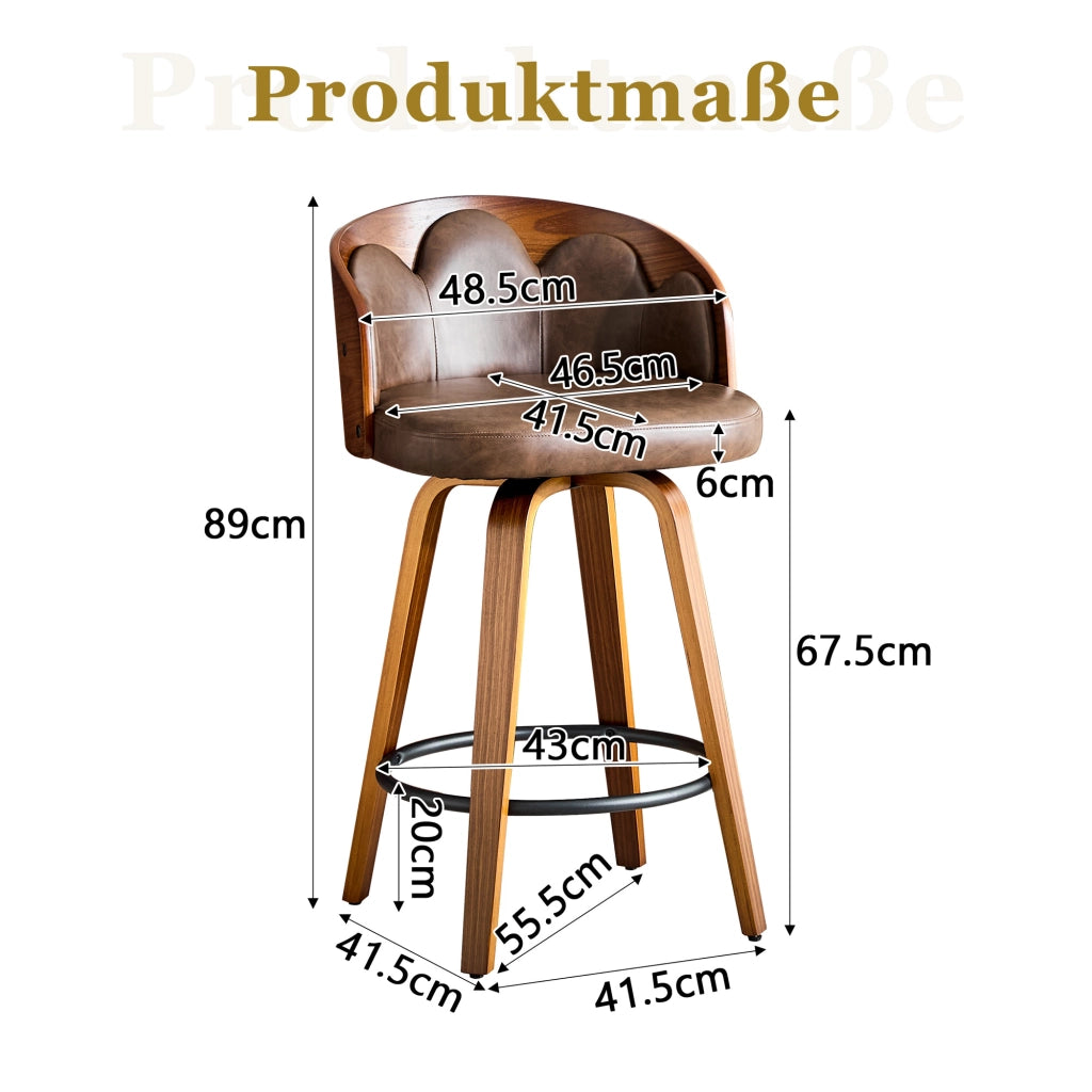 Sgabello da bar con schienale a fiore in legno curvato e PU con poggiapiedi in metallo marrone 64,5 × 53 × 47 cm