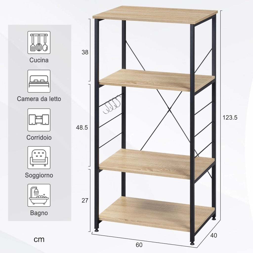 Scaffale per Cucina Carrello Porta Microonde Forno a 4 Ripiani con Ganci in Acciaio Legno
