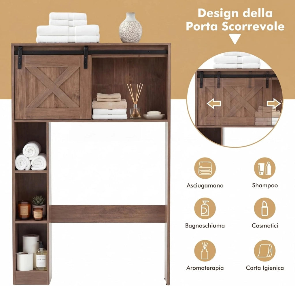Mobile Salva Spazio Sopra WC, Organizzatore del Bagno in Legno con Porta e 3 Ripiani di Stoccaggio, per Bagno Lavanderia, 84x17x128 cm (Marrone Scuro)