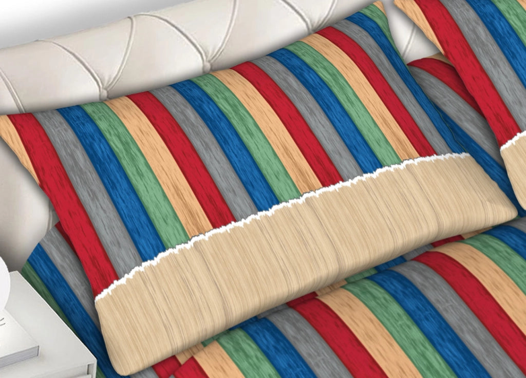 Completo Lenzuola 100% Cotone Made Italy Disegno Multicolor - Matrimoniale - Beige