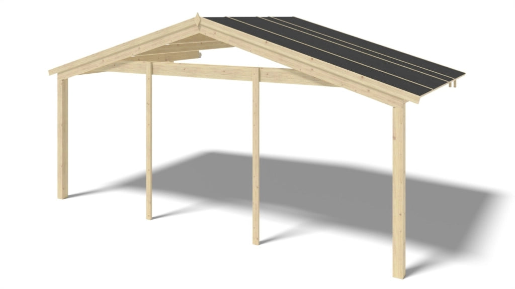 Casetta da giardino in legno con veranda e tettoia - 48m2 - 6x5m - 40mm - colore: naturale - DOM747+DOM556+DOM558+POD04 - ALTANKA