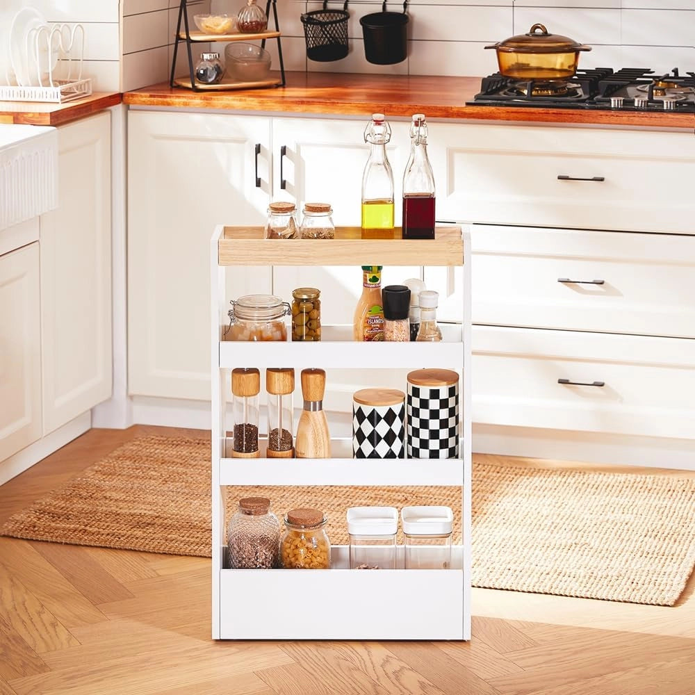 Carrello Cucina Salvaspazio con Ruote 15cm Larghezza – Mobiletto Cucina Stretto con 3 Ripiani, Scaffale Cucina e Portaoggetti per Bagno o Ufficio, Bianco ed Effetto Legno 80x15x50cm NSR12-W