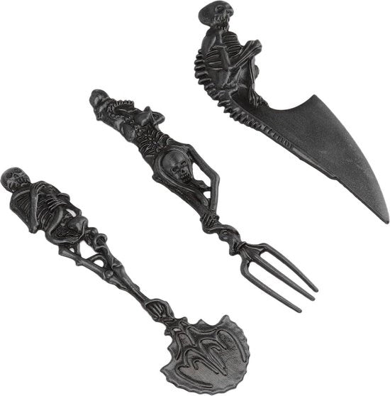 Set di utensili scheletrici - Decorazione scheletrica creativa - Mischia scheletrica - Tavolate festive - Decorazioni di Halloween - Nero.