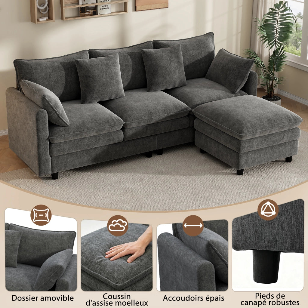 Divano angolare con chaise longue mobile 3 posti con 4 cuscini e 3 schienali in ciniglia grigia 212 × 150 × 90 cm