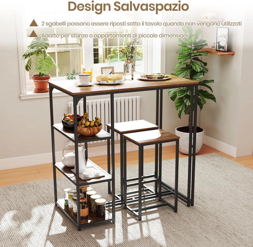 Set 3 Pezzi Tavoli da Bar per 2 Persone, Tavolo da Pranzo con 2 Sgabelli, 3 Ripiani Portaoggetti, Banco Pub e Sedie per Appartamento Piccolo, Cucina e Soggiorno,110 x 60 x 110 cm