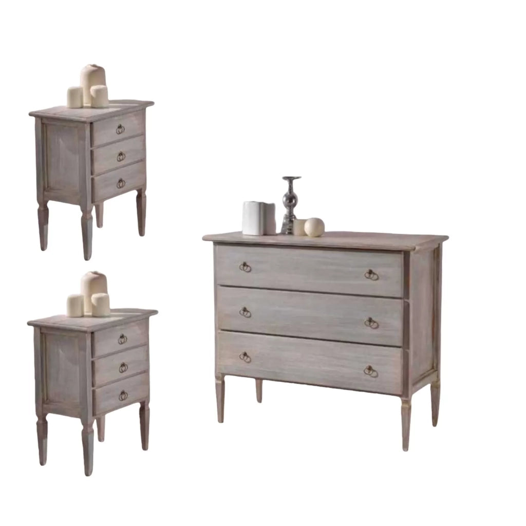 Set 1 como' e 2 comodini in legno laccato grigio finitura cerato - Mobili 2G