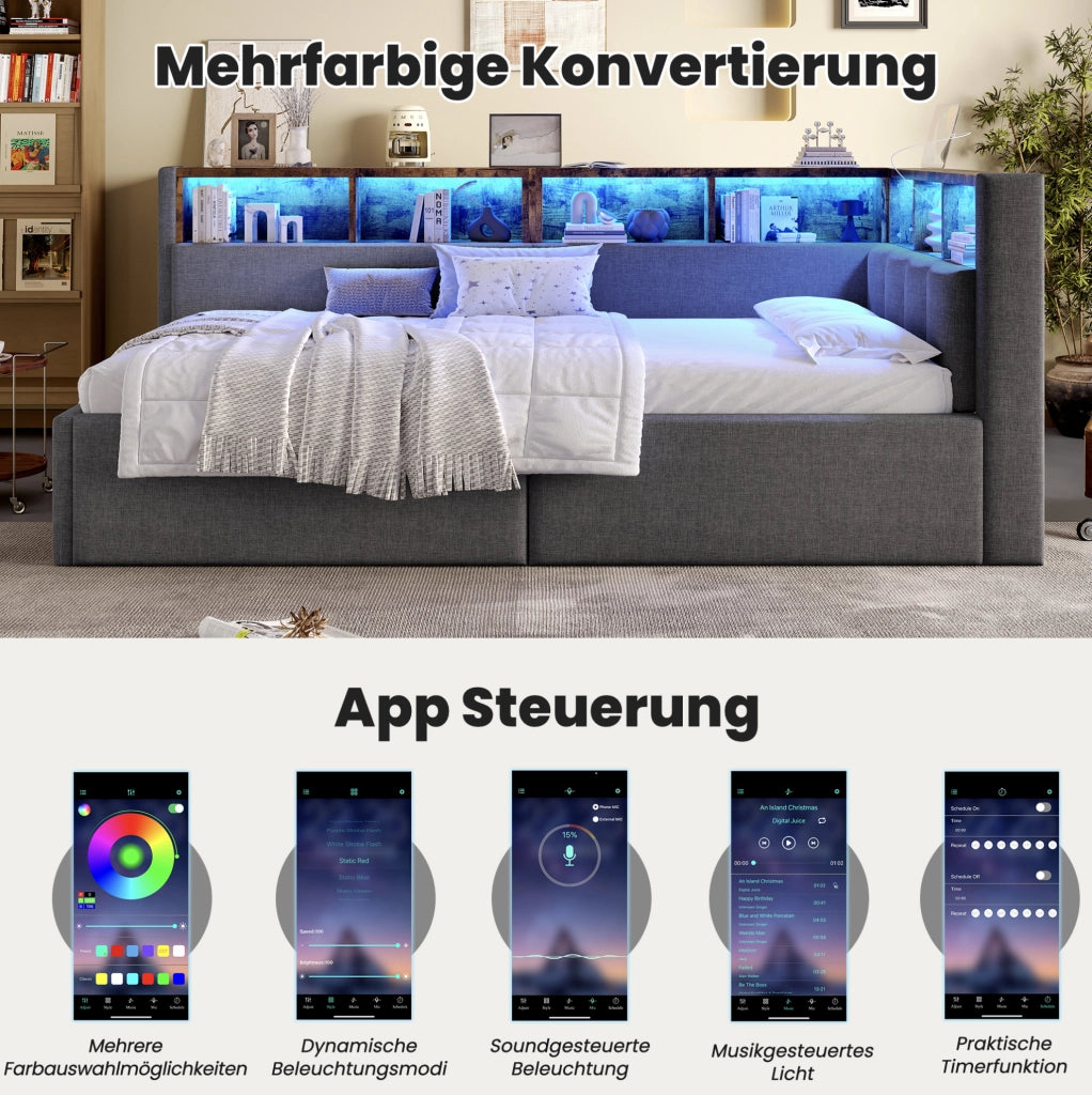 Letto da giorno 90x200 cm grigio con LED, USB e vano idraulico