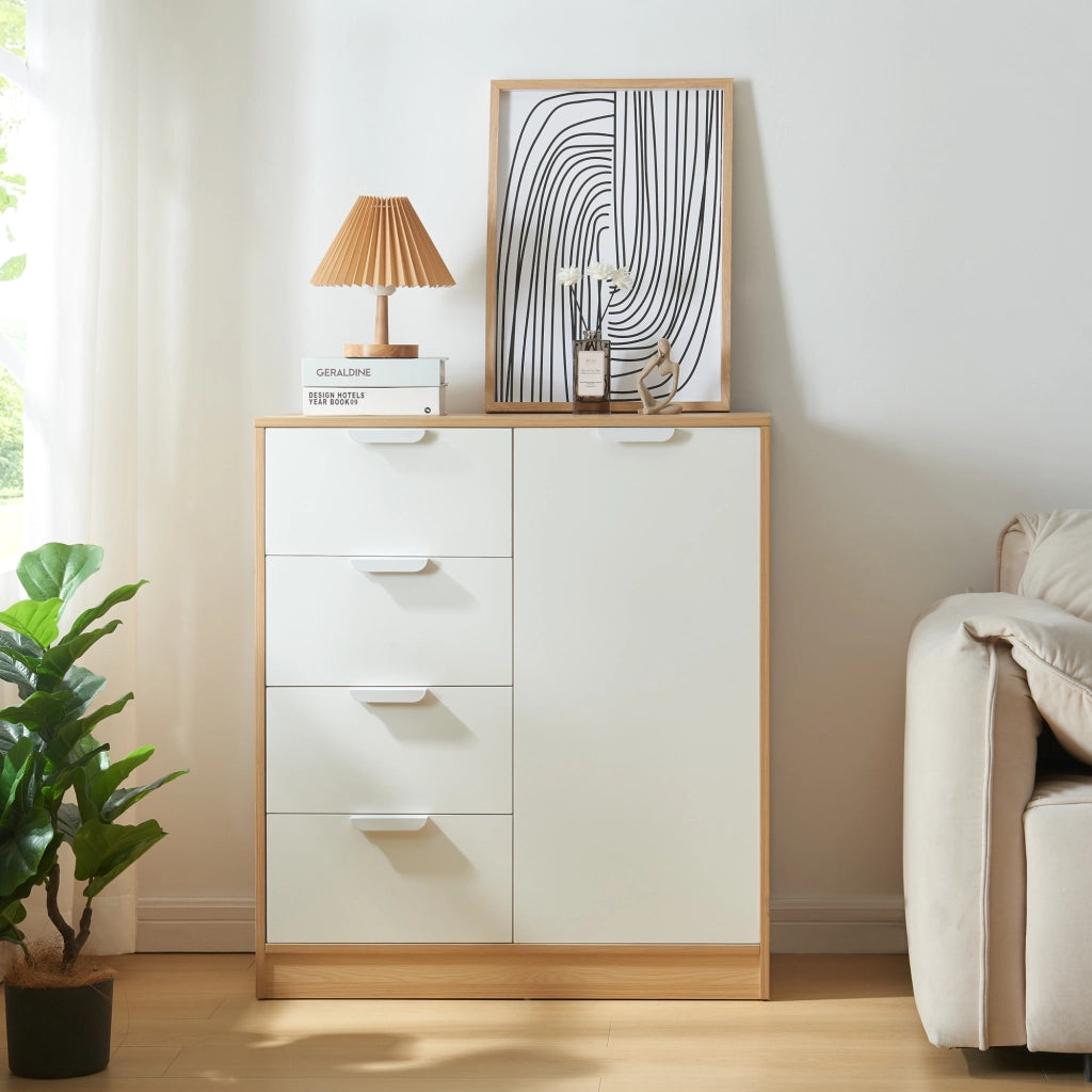 Comò Varkaus con 4 Cassetti e Anta- Effetto Rovere / Bianco [en.casa]