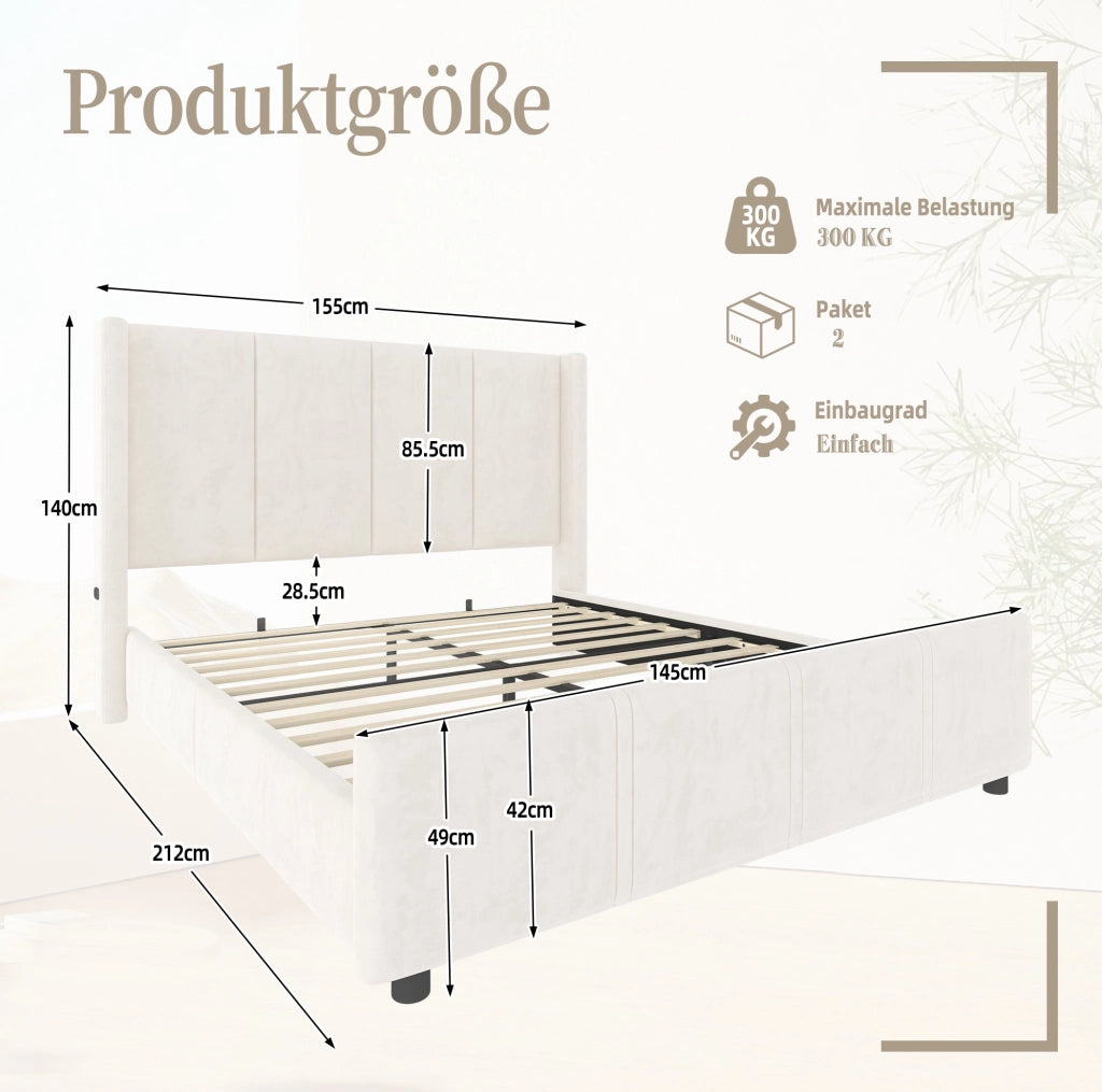 Letto matrimoniale 140x200 cm in velluto beige con USB/Type-C