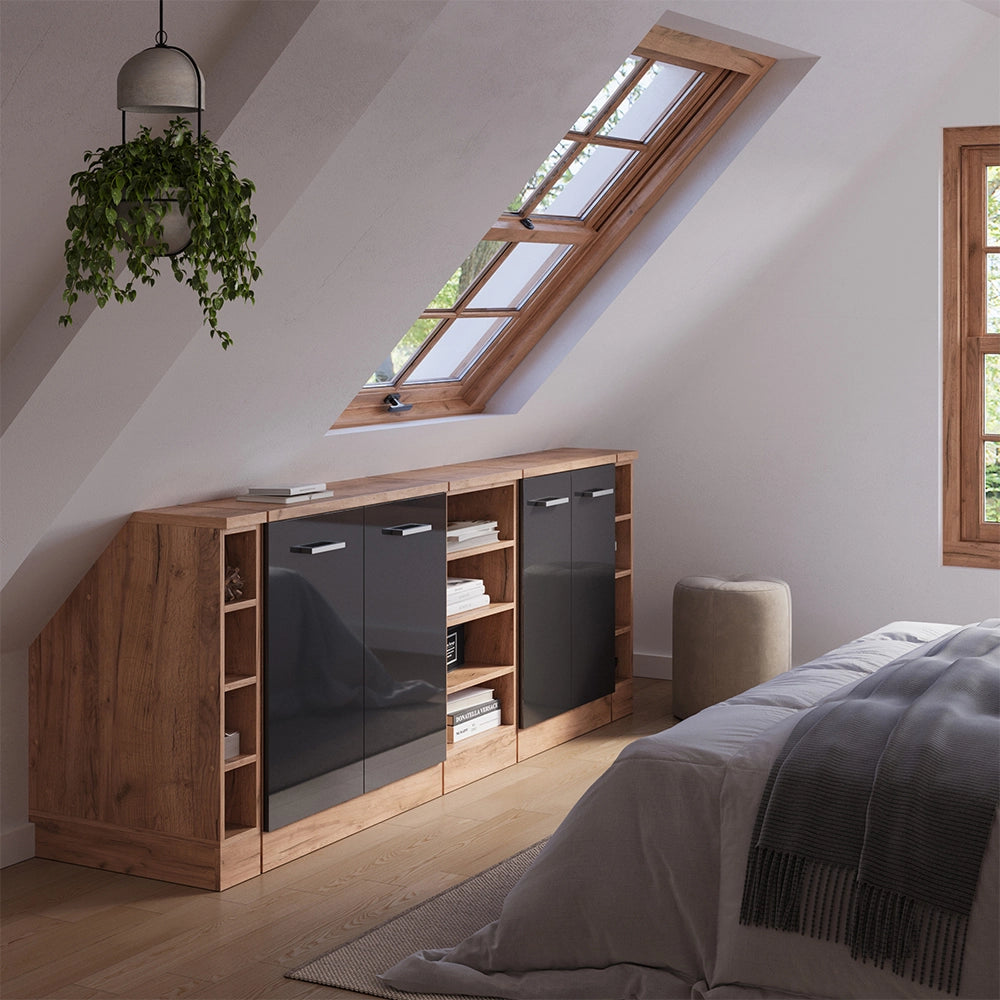 Set di mobili sottotetto Rion Antracite lucido/Rovere dorato 210 cm Set di 5 carcasse armadio profondità 60 cm Vicco
