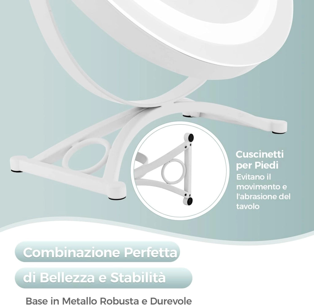 Specchio da Tavolo 30 CM, Specchio per Trucco con Luci LED a 3 Colori Controllo Tattile Intelligente, Rotazione a 360°, Specchio Rotondo con Cornice in Metallo, Bianco