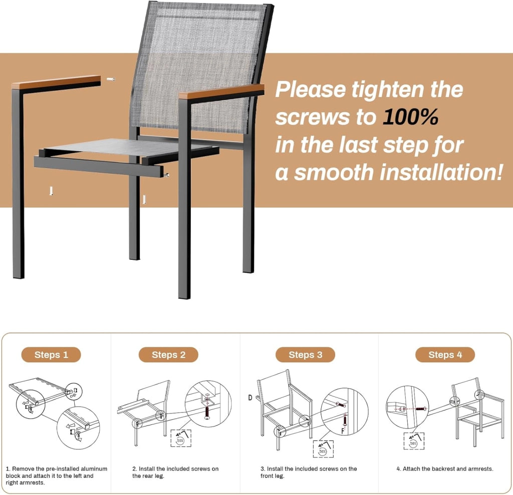 Textilene - Set di 4 sedie da giardino in alluminio, impilabili, per sala da pranzo, balcone, terrazza, piscina, ristoranti, resistente alle intemperie, 4 pezzi, colore grigio lino