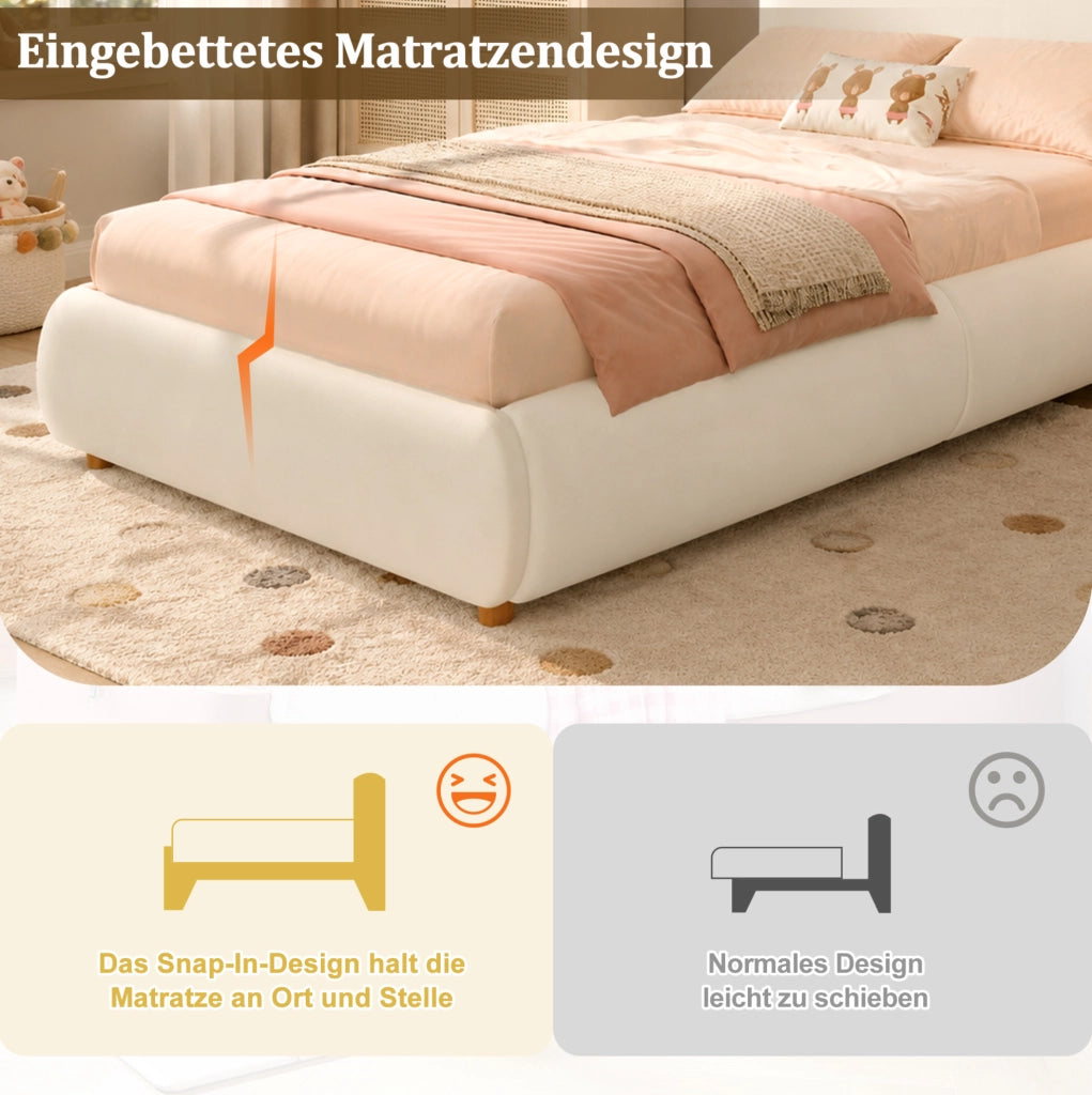 Letto imbottito per bambini con vano contenitore sollevabile; rete a doghe e velluto beige