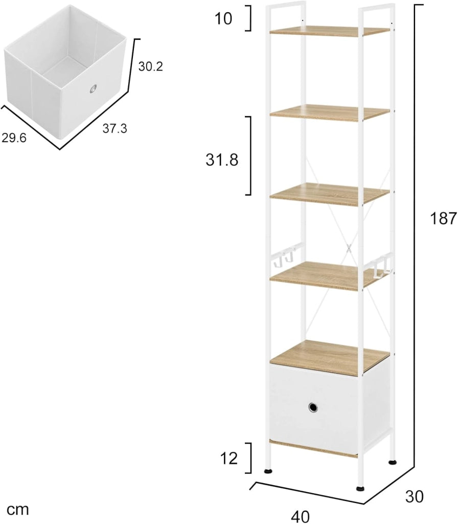 Libreria a 5 Piani, Scaffale ad Angolo Alto, Libreria Stretta con 1 Cassetto, Stile Moderno, Struttura in Acciaio, per Soggiorno, Ufficio, Studio, Camera da Letto, Rovere Chiaro+Bianco