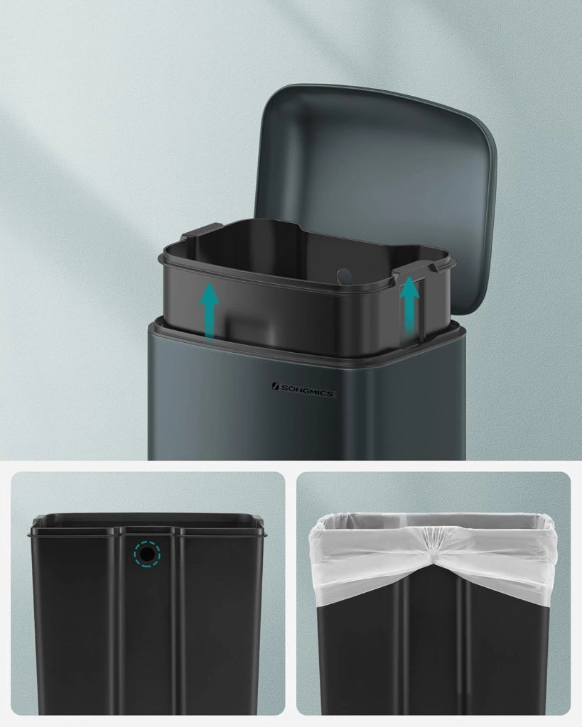 SONGMICS Pattumiera 30 L, con pedale in acciaio, secchio interno e coperchio, maniglia chiusura in morbido, ermetica, per cucina, soggiorno, grigio antracite LTB01GS