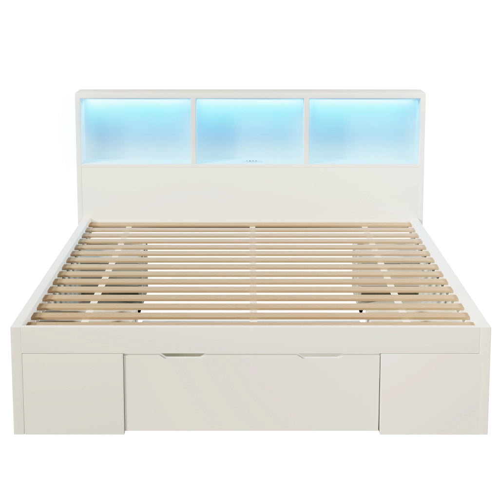 Letto Matrimoniale 140x200 cm; Contenitore; 2 Comodini Mobili; LED; USB Type-C in Legno Bianco