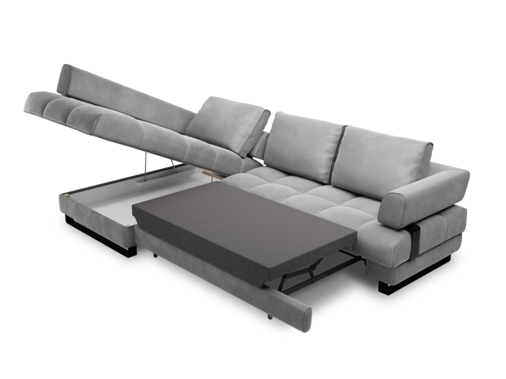 Cosmopolitan Design - Divano convertibile angolare sinistro con contenitore "Clinton" 5 posti in velluto grigio chiaro 