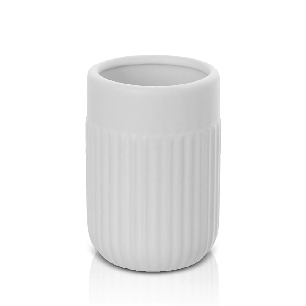 Set accessori bagno in ceramica bianca opaca con dispenser sapone e due portaspazzolini Cup
