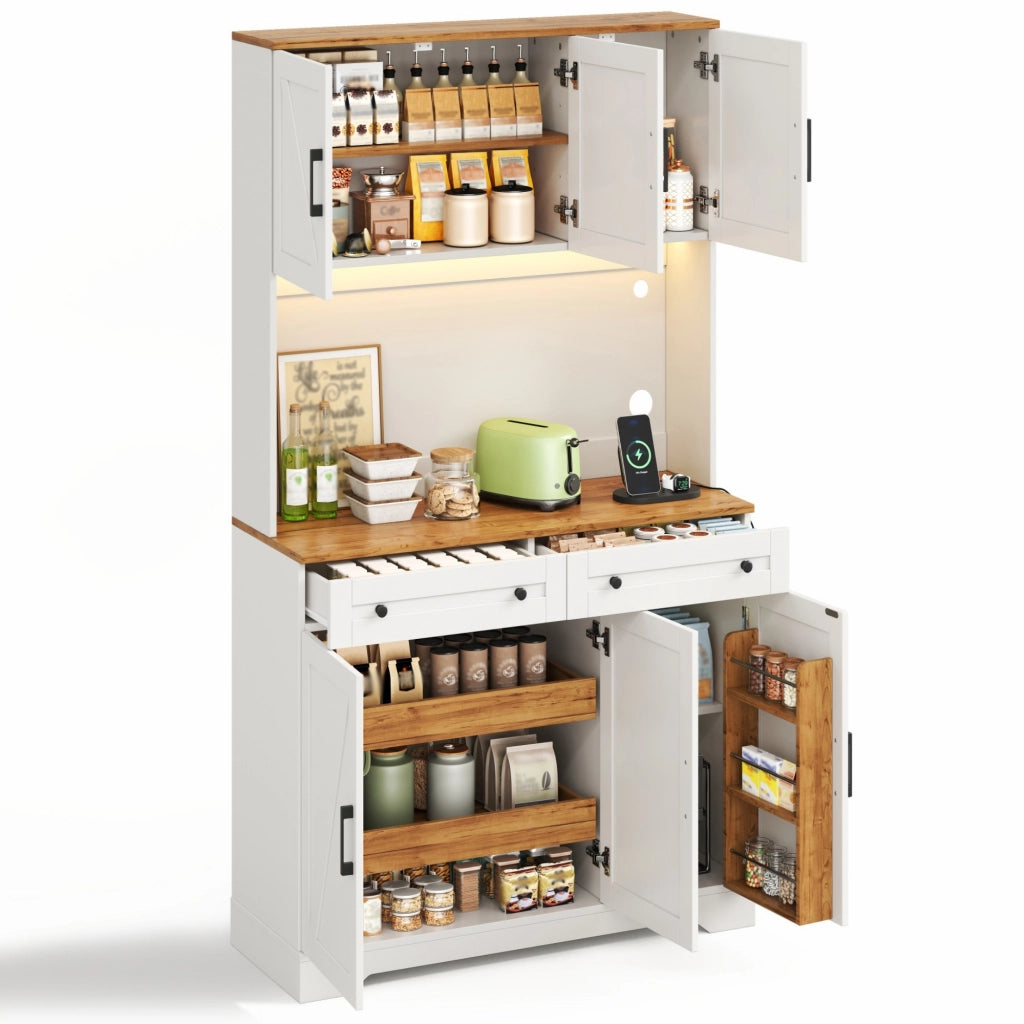 Credenza alta da cucina con LED RGB, prese integrate e 2 cassetti, colore Natural+White, 100 x 40 x 180 cm