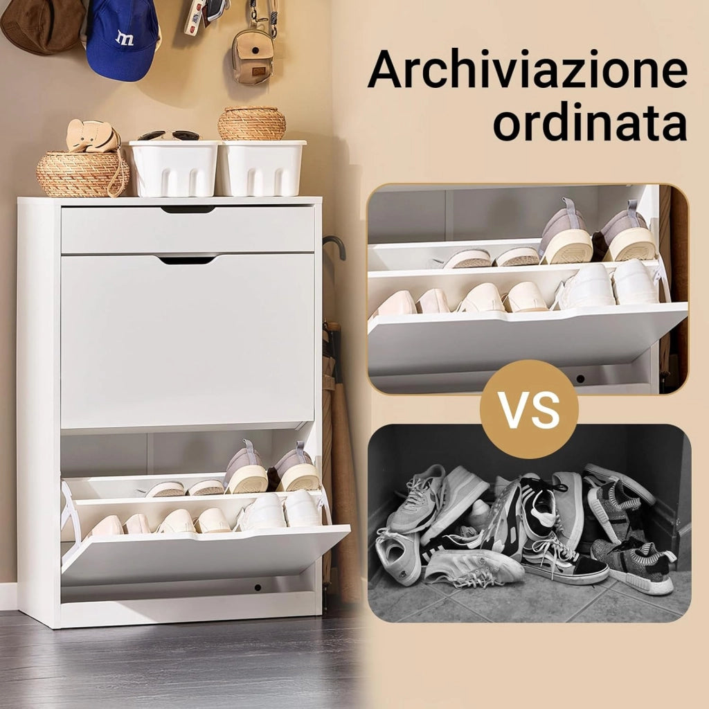 Scarpiera Salvaspazio Slim con Cassetto, Scarpiera Bianca, Moderna e Pratica, Facile da Montare, Ideale per Spazi Ridotti - Bianco, 60x30x90 cm - Modello FSR180-W