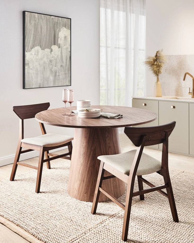 Set di 2 sedie da pranzo Marrone scuro e beige Schienale in legno di gomma poliestere e telaio Seduta imbottita Sala da pranzo Cucina