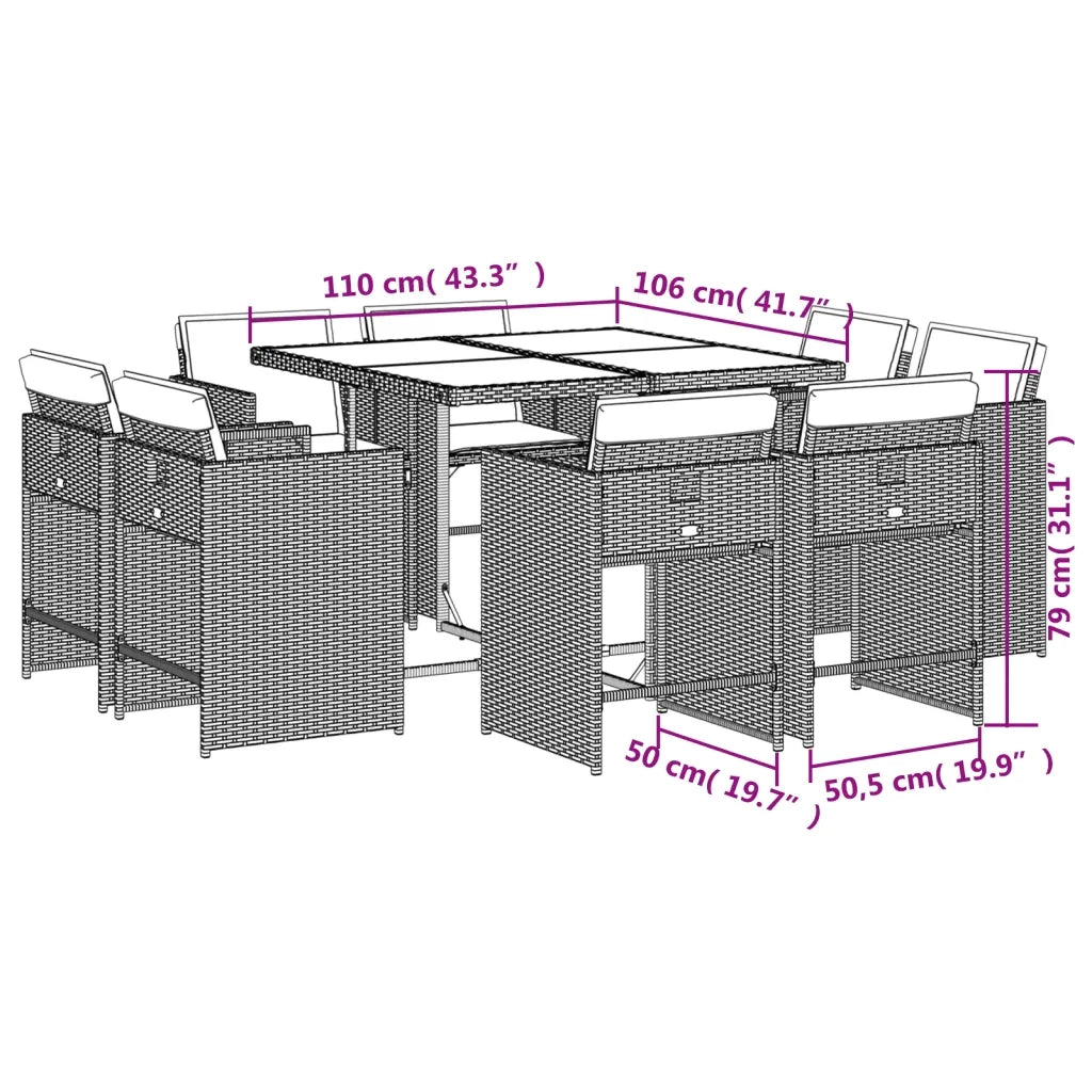 Set da pranzo da giardino da 9 pz con Cuscini in Polyrattan Grigio 3277968