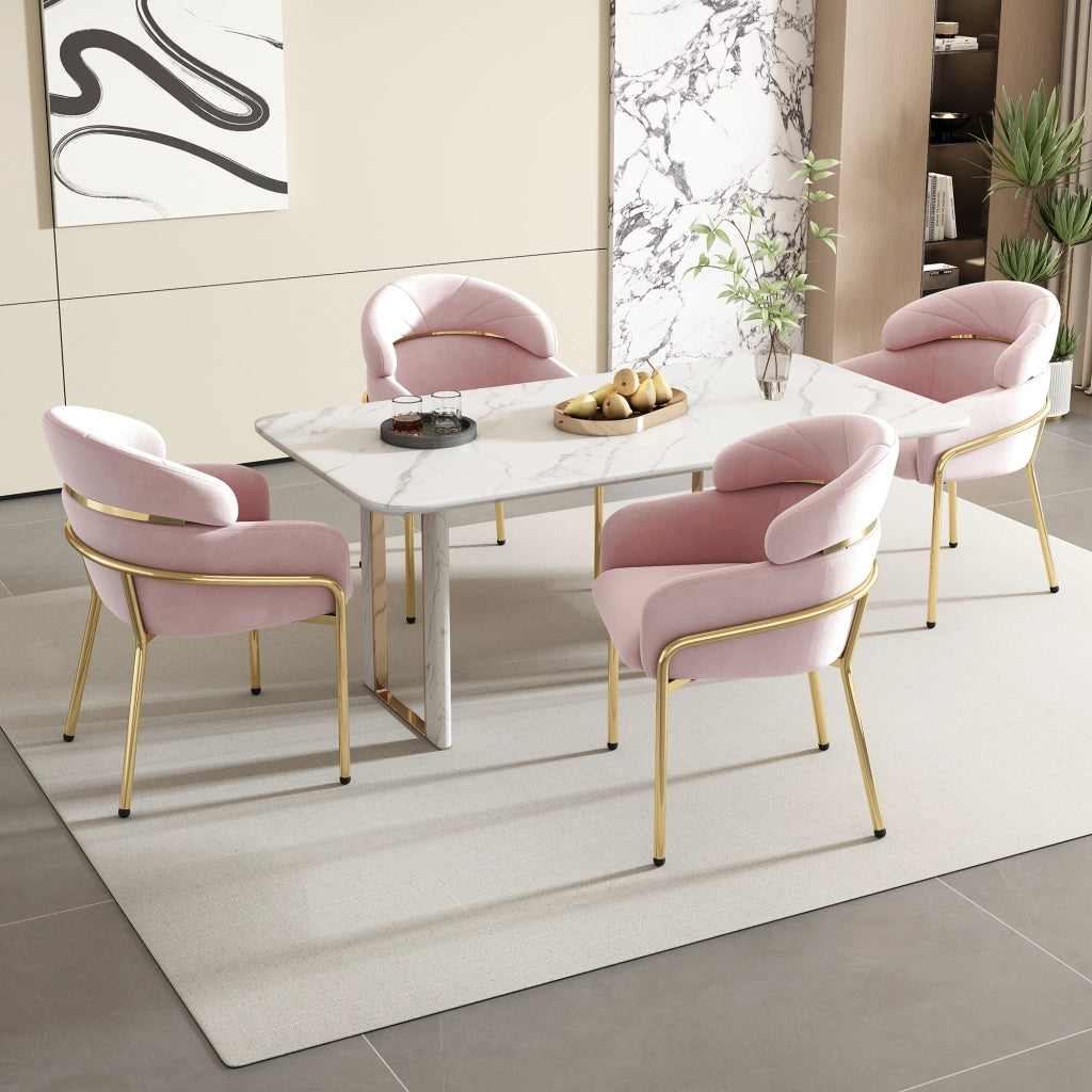 Sedia da Pranzo Poltroncina con Design Ergonomico e Gambe in Metallo, in Velluto, Rosa