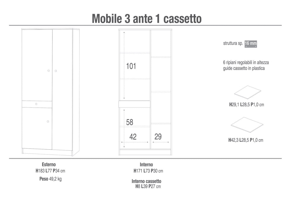 Armadio 3 Ante 1 Cassetto 77x183x34 cm Eucalipto