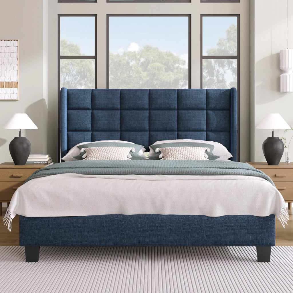 Letto matrimoniale – 140x200 cm – testiera imbottita rete – lino blu