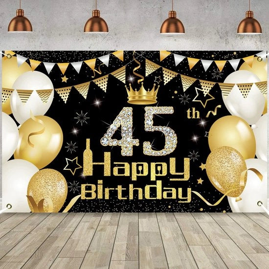 Decorazione per Festa di Compleanno 45° Anno - Bandiera di Fondo - Accessori di Compleanno - Accessori per Photo Booth - Nero/ Oro 70" x 30