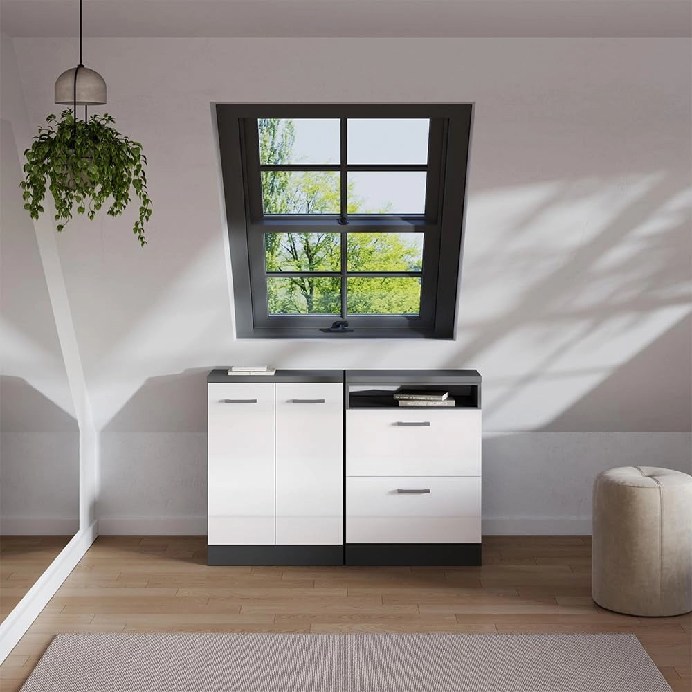Set di mobili sottotetto Rion, Bianco lucido, 120 cm Set di 2 carcasse armadio profondità 60 cm, adatto per il salvaspazio sotto tetti spioventi