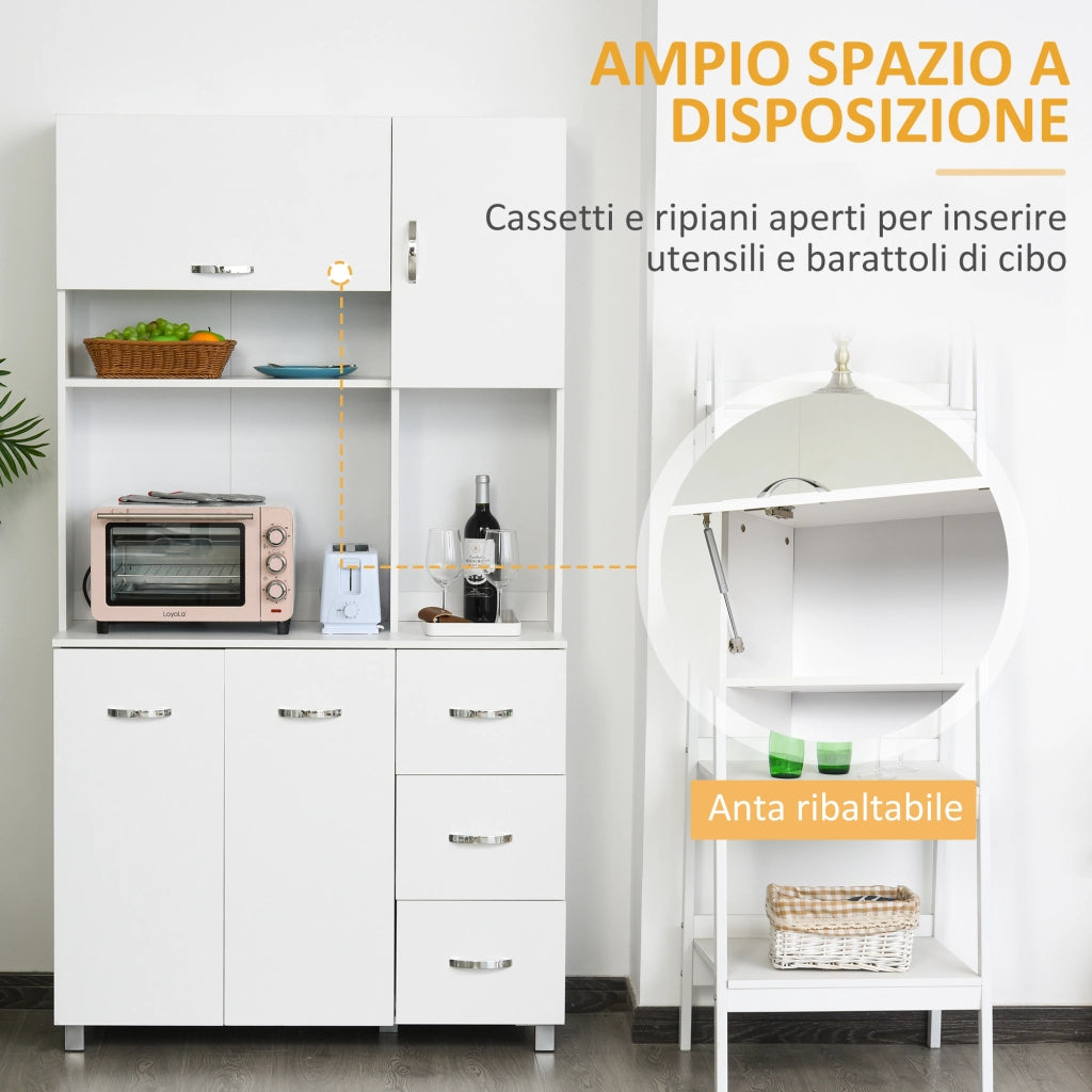 Credenza da Cucina Moderna con Cassetti, Armadietti e Ripiani Aperti, 100x39.5x183.5cm, Bianco