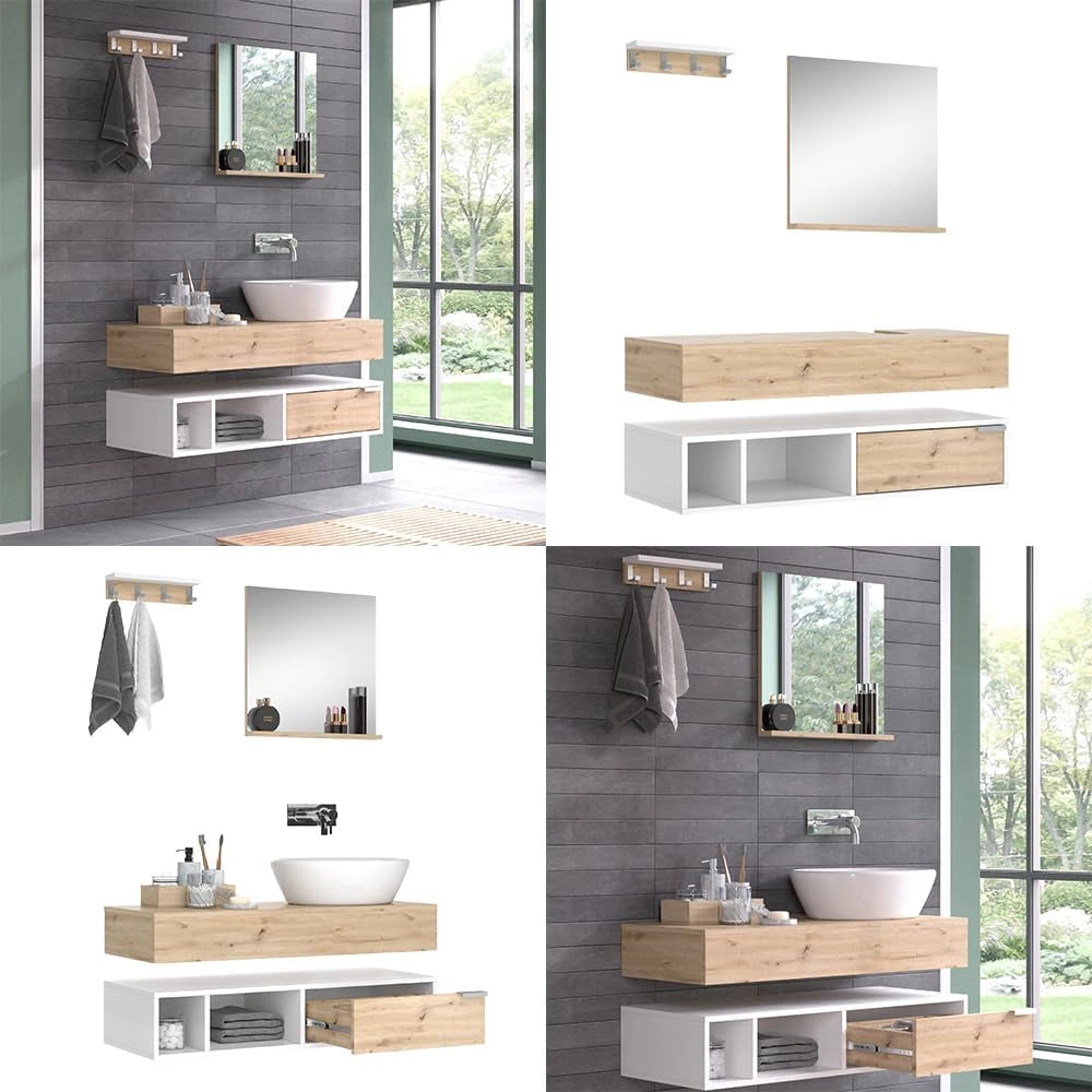 Set di mobili da bagno Henri, Bianco, 100 cm, composto da mobile sottolavabo, specchiera e mobile medio
